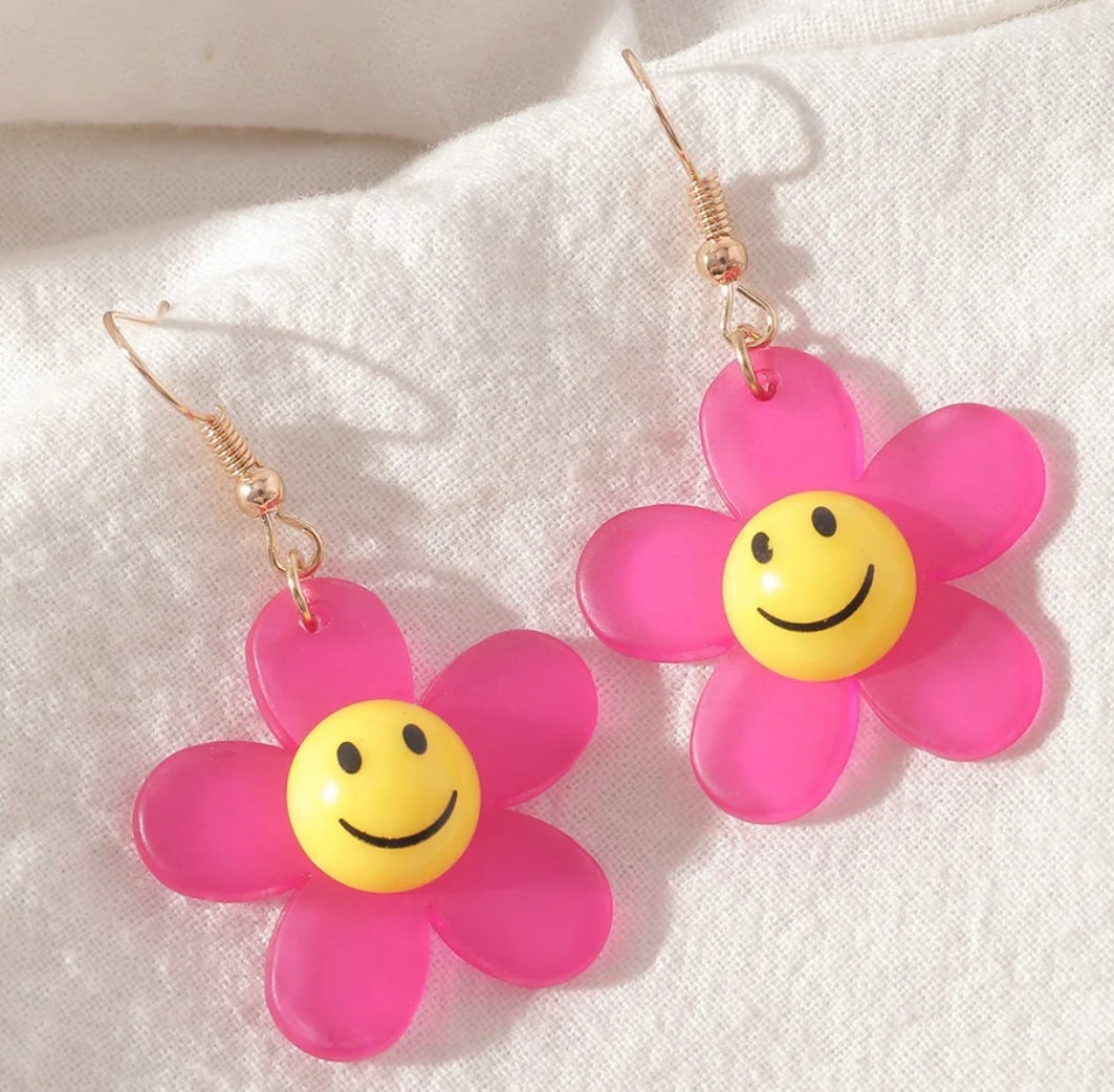 Smiley Flower Earrings- Dark Pink